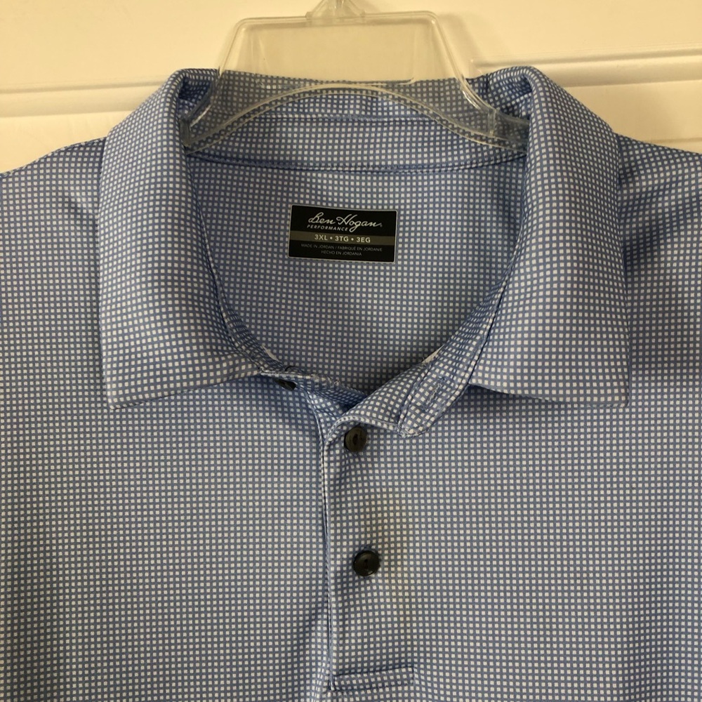 Ben Hogans 3XL Blue & White Checkered Golf Polo Shirt Short Sleeve V-Neck EUC